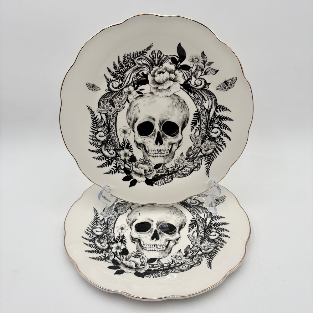 Woodland Halloween Plates Set of 2 Skull Floral Gold Trim Decorative